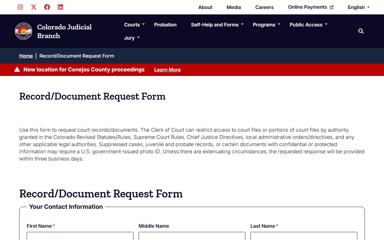Colorado Judicial Branch online records request form for traffic court documents
